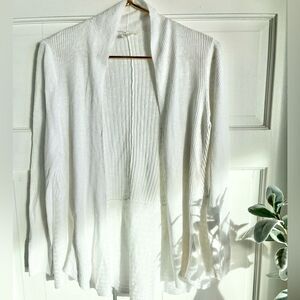 New Eileen Fisher white ribbed textured collar open cardigan